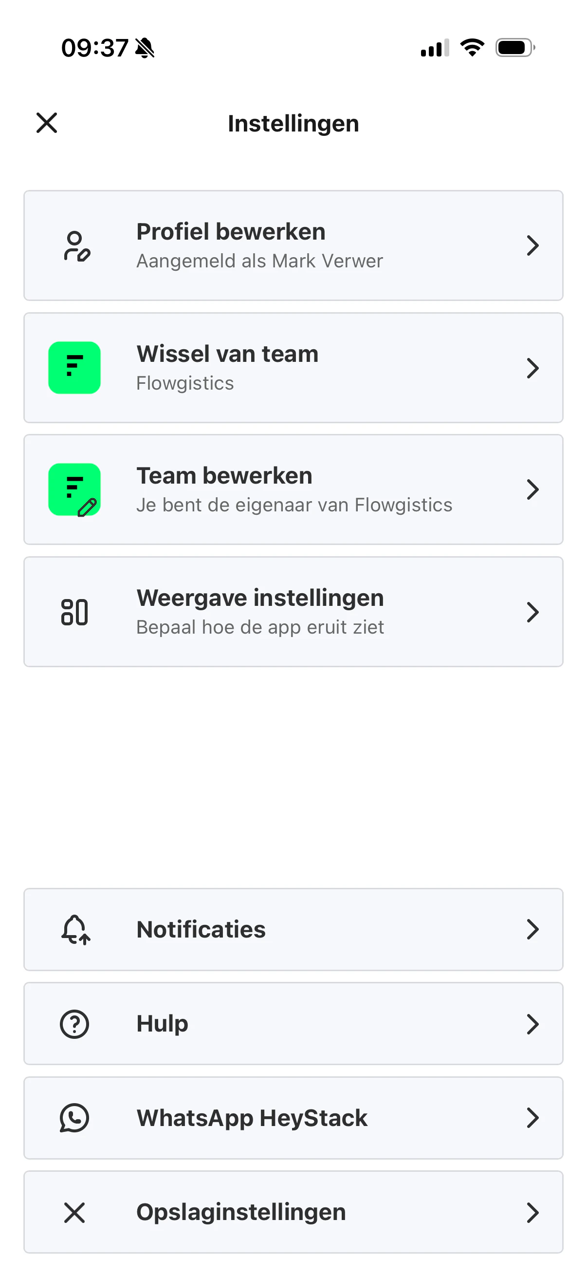 Het instellingenmenu in de HeyStack app