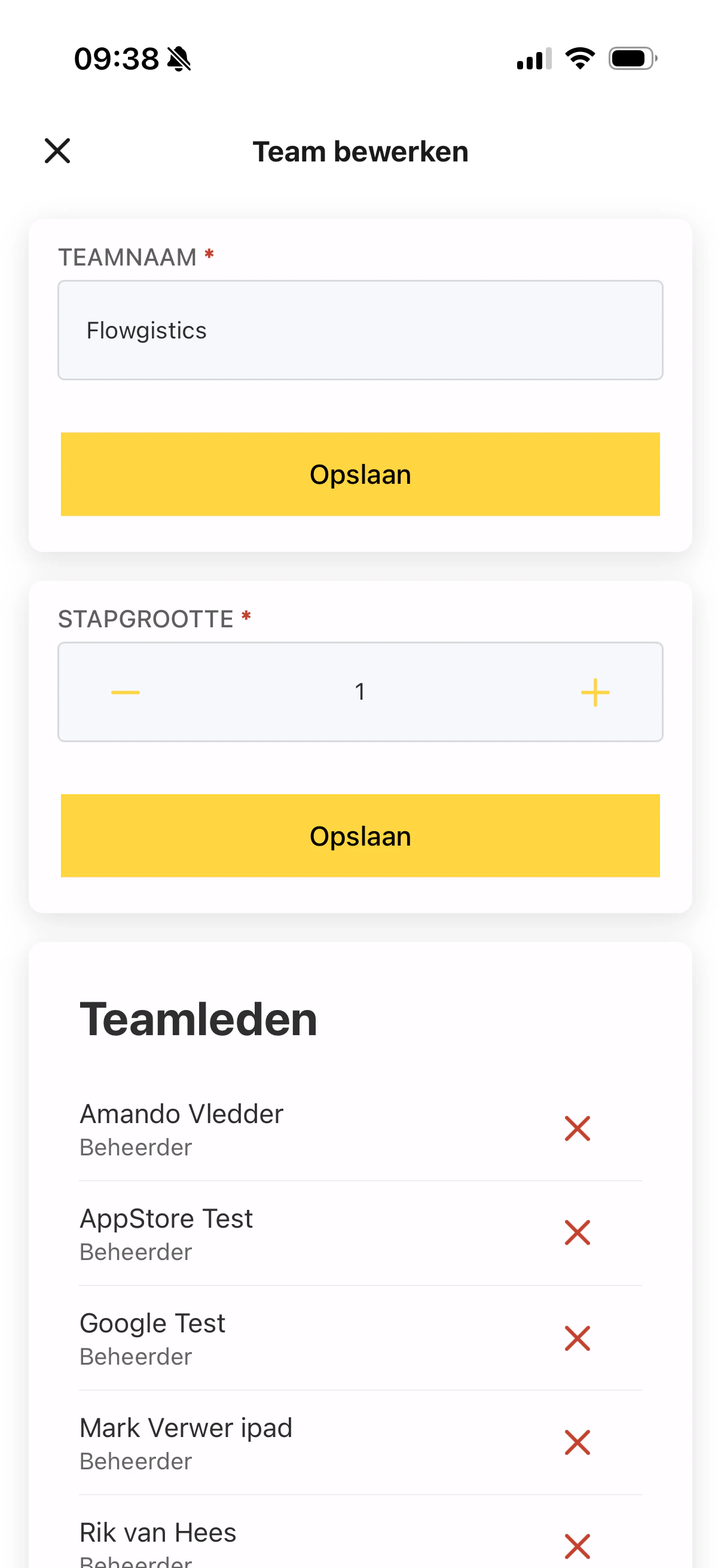 Het scherm Team bewerken in de HeyStack app