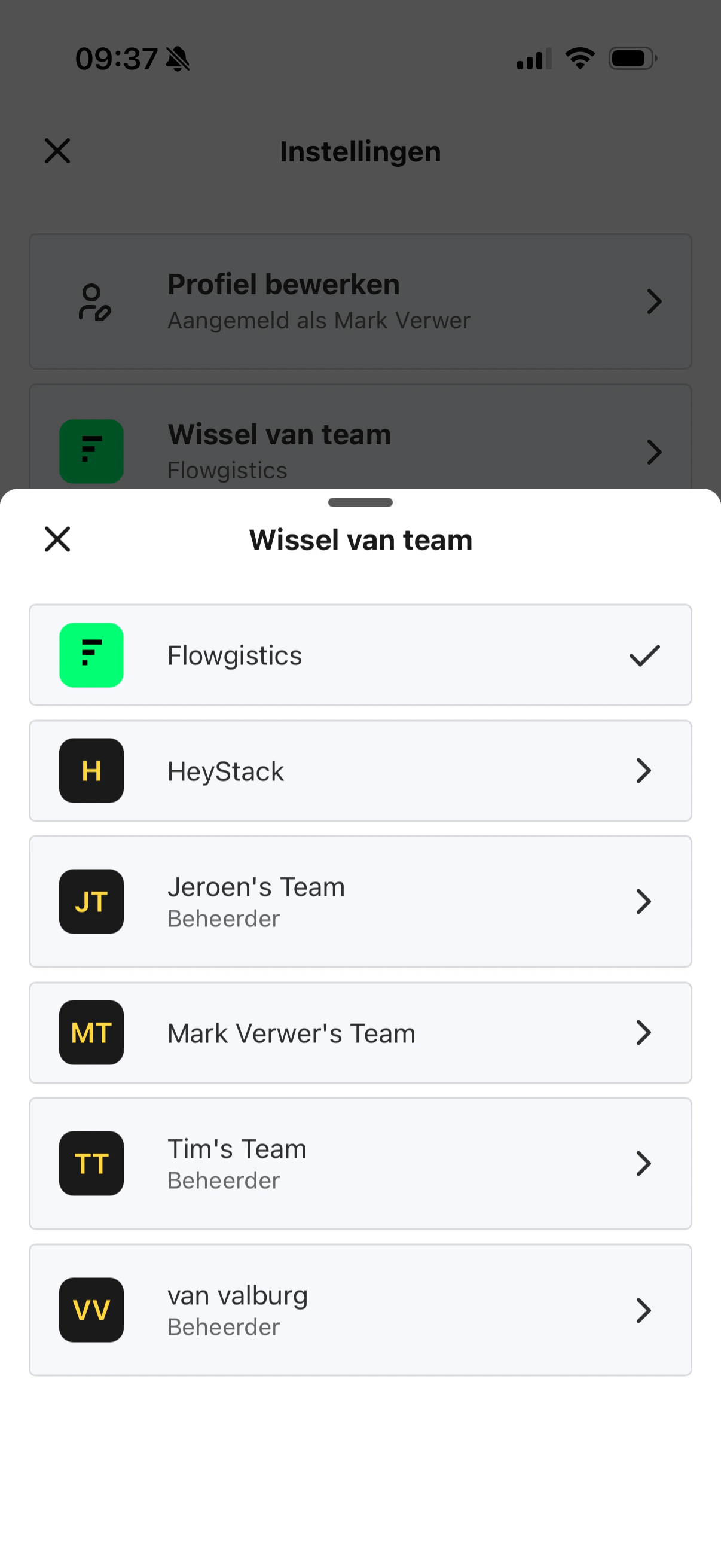 Het scherm Wissel van team in de HeyStack app