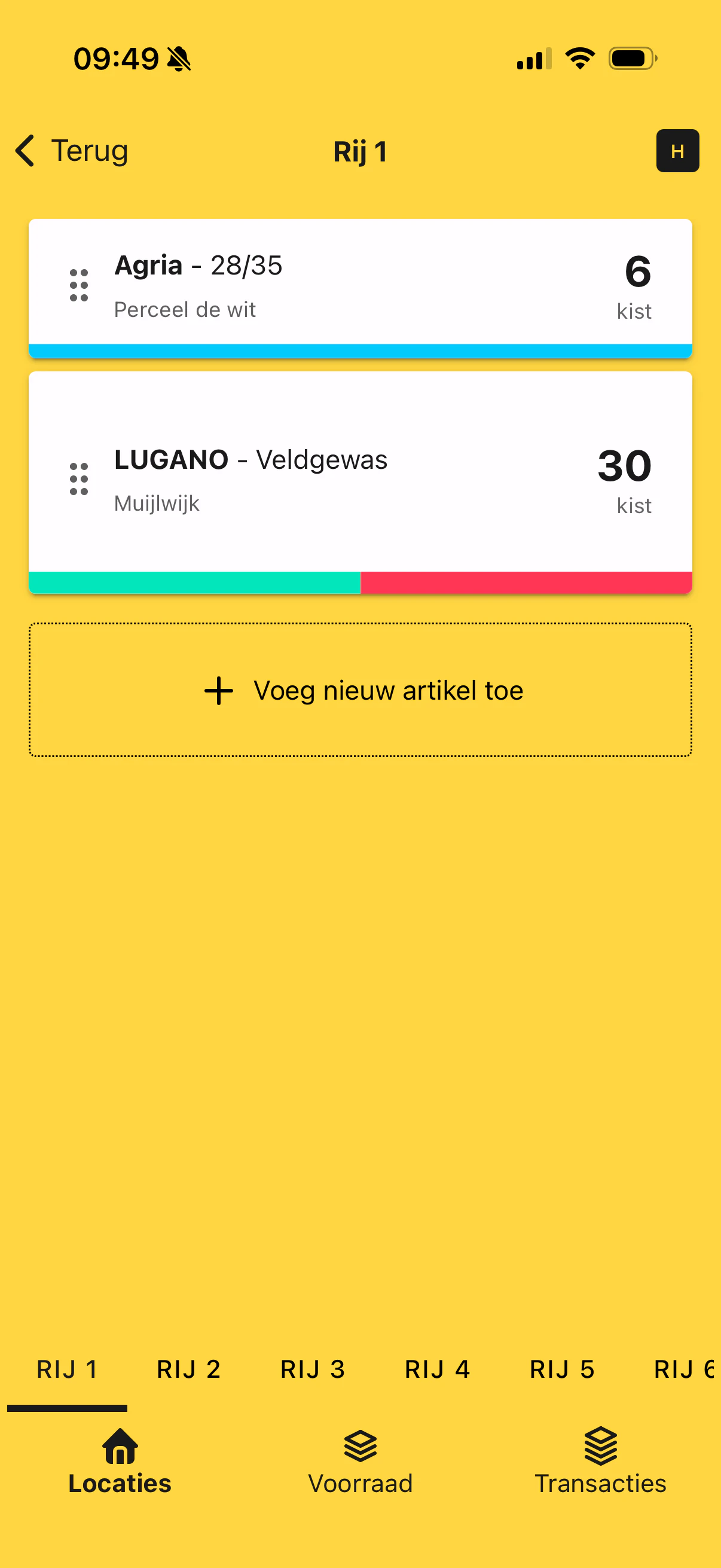 Het overzicht van opslagartikelen in een rij