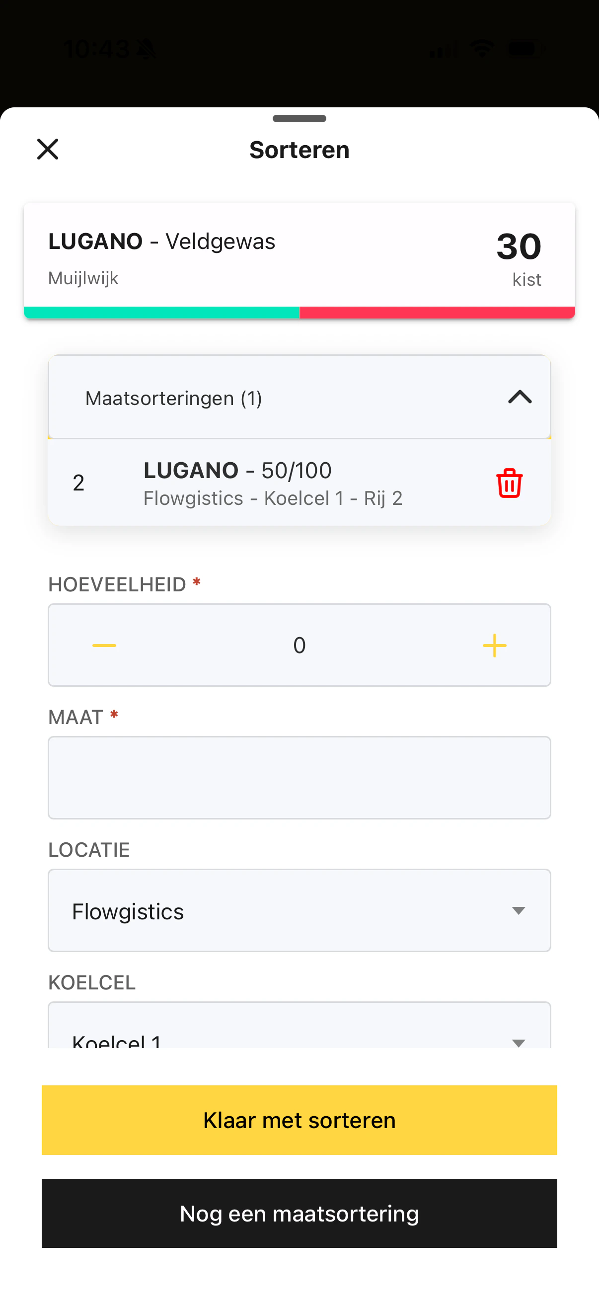 Een toegevoegde maatsortering in het sorteerscherm