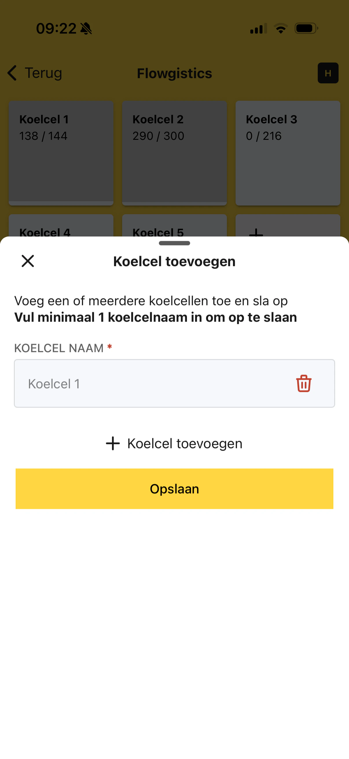 Scherm om een of meerdere koelcellen aan te maken