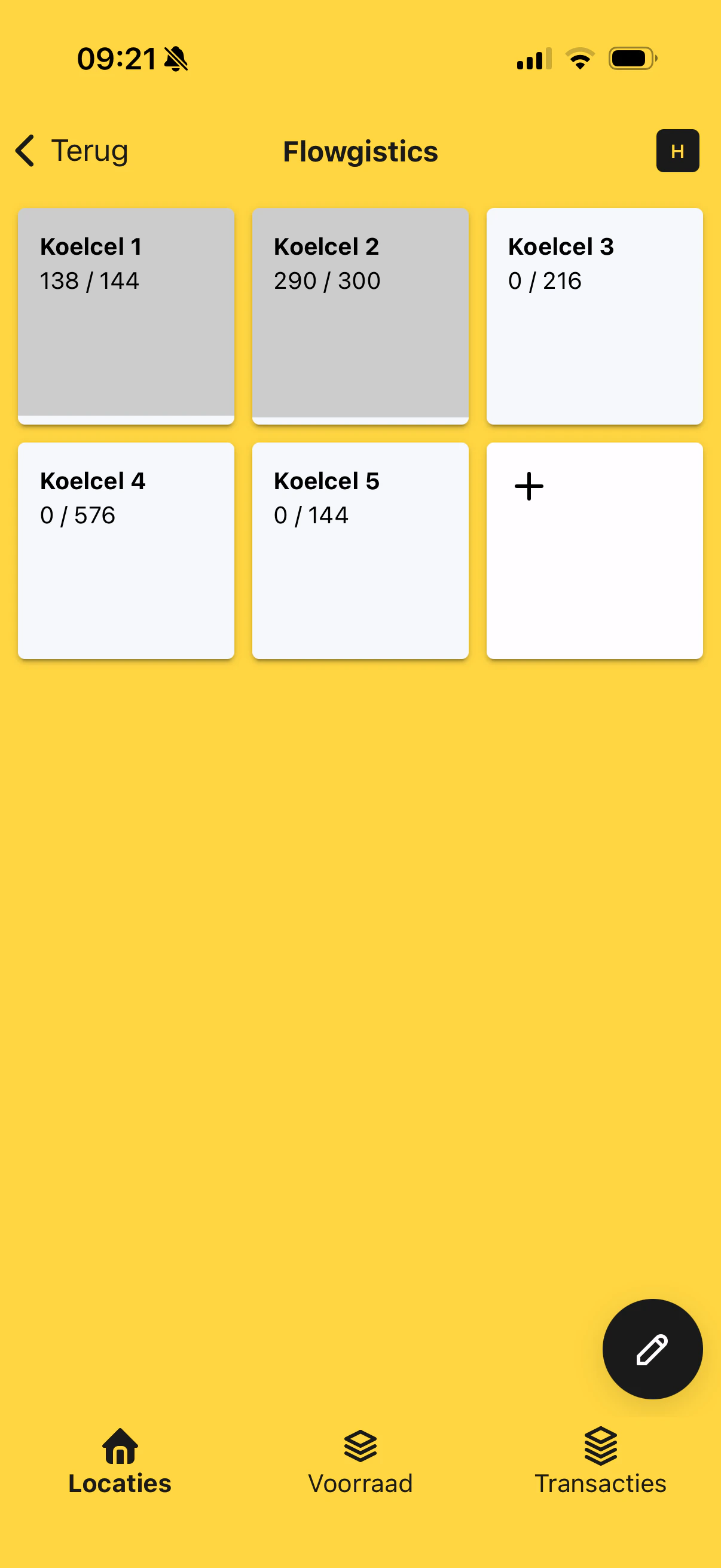 Het koelcellenoverzicht in de HeyStack app