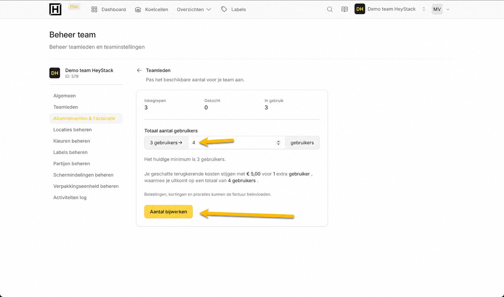 Verhoog het totale aantal gebruikers van drie naar vier en klik op Aantal bijwerken