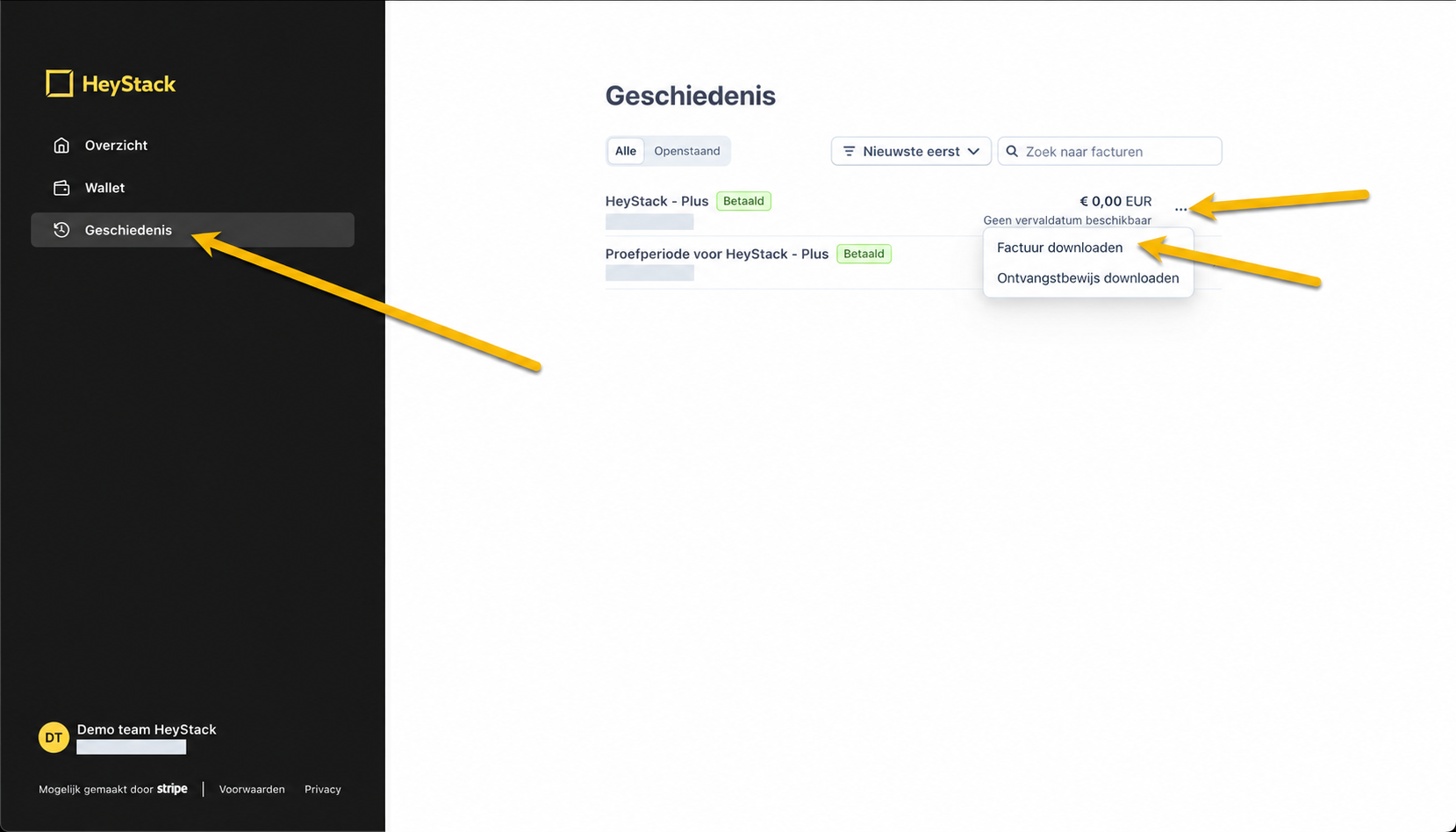 Kies Geschiedenis en download via de drie puntjes de factuur van HeyStack Plus
