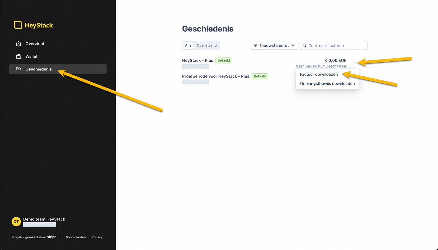 Kies Geschiedenis en download via de drie puntjes de factuur van HeyStack Plus