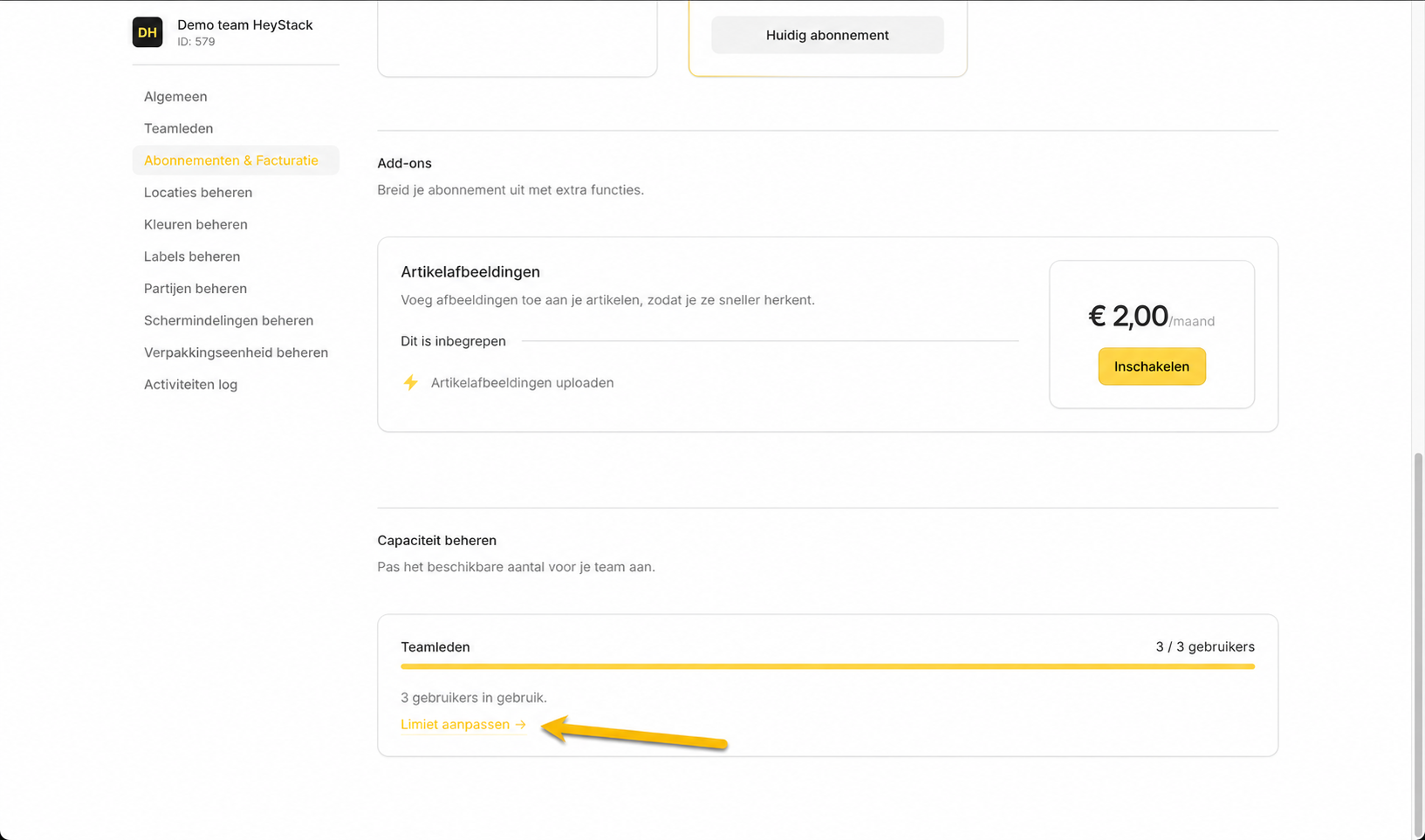 De optie Limiet aanpassen bij Teamleden onder Capaciteit beheren