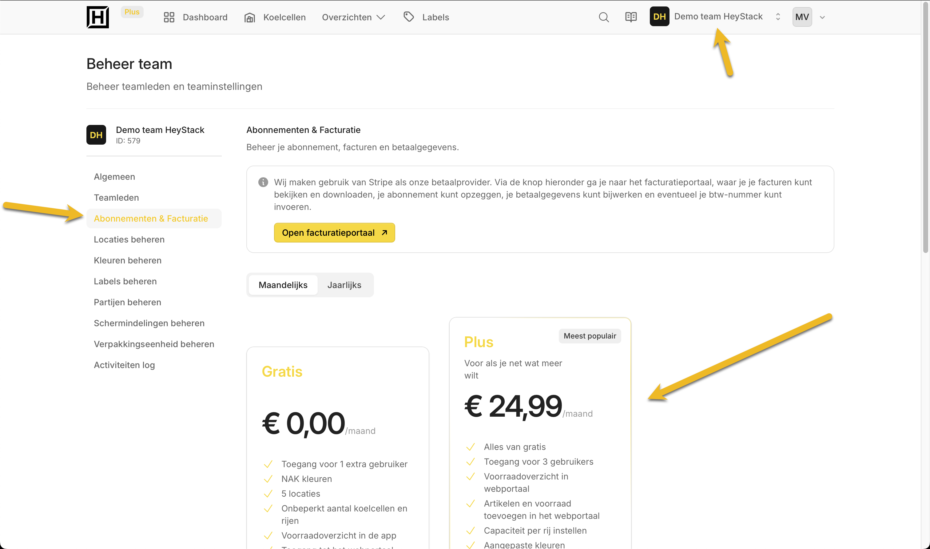 Open Abonnementen & Facturatie via de naam van je team rechtsboven