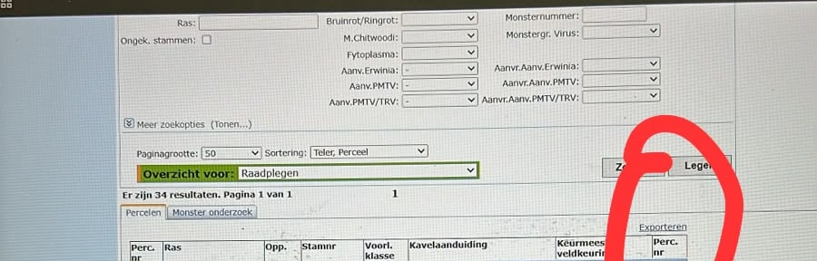 De knop Exporteren rechtsboven in het perceeloverzicht van MijnNAK