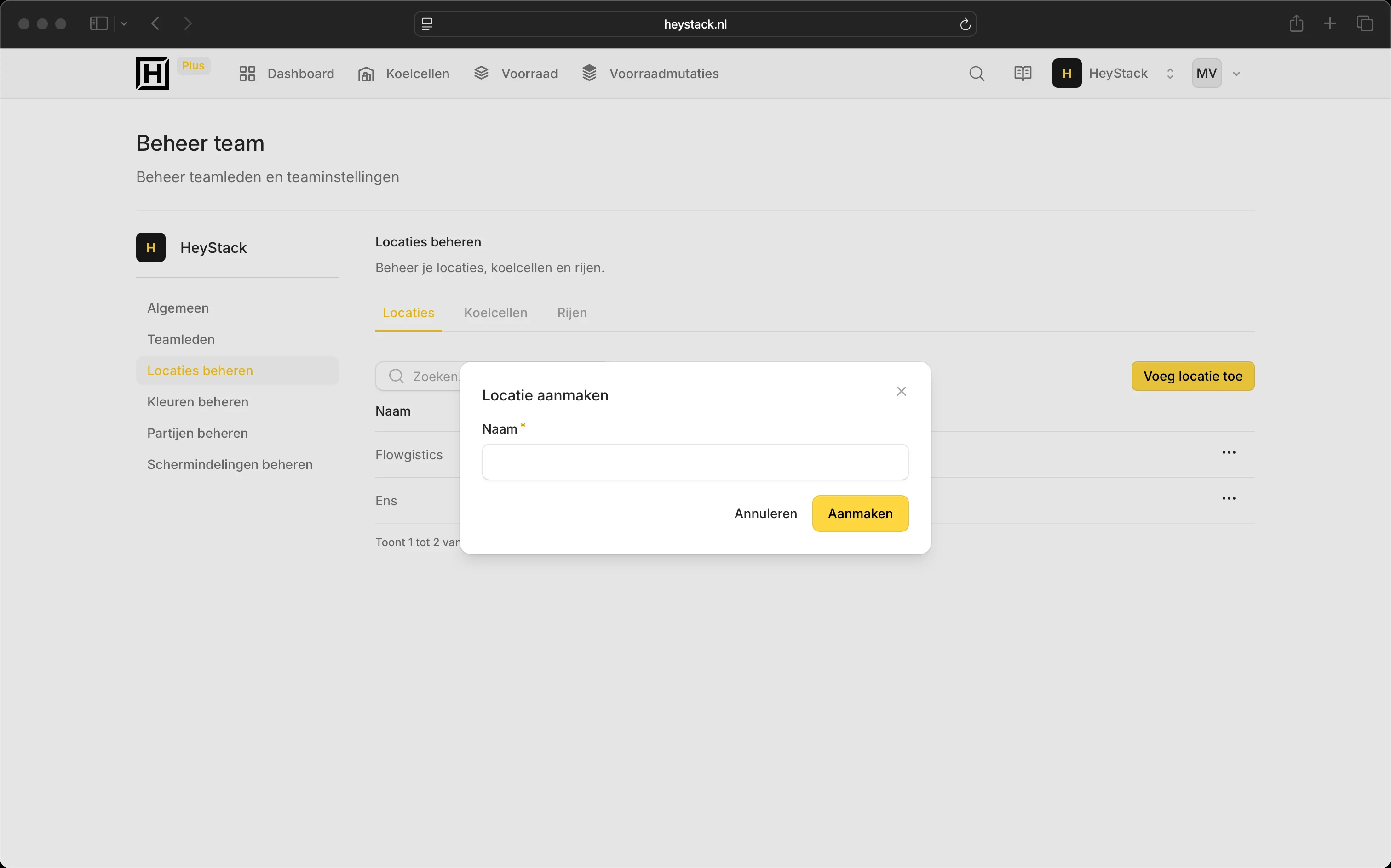 Venster om in het webportaal een locatie aan te maken