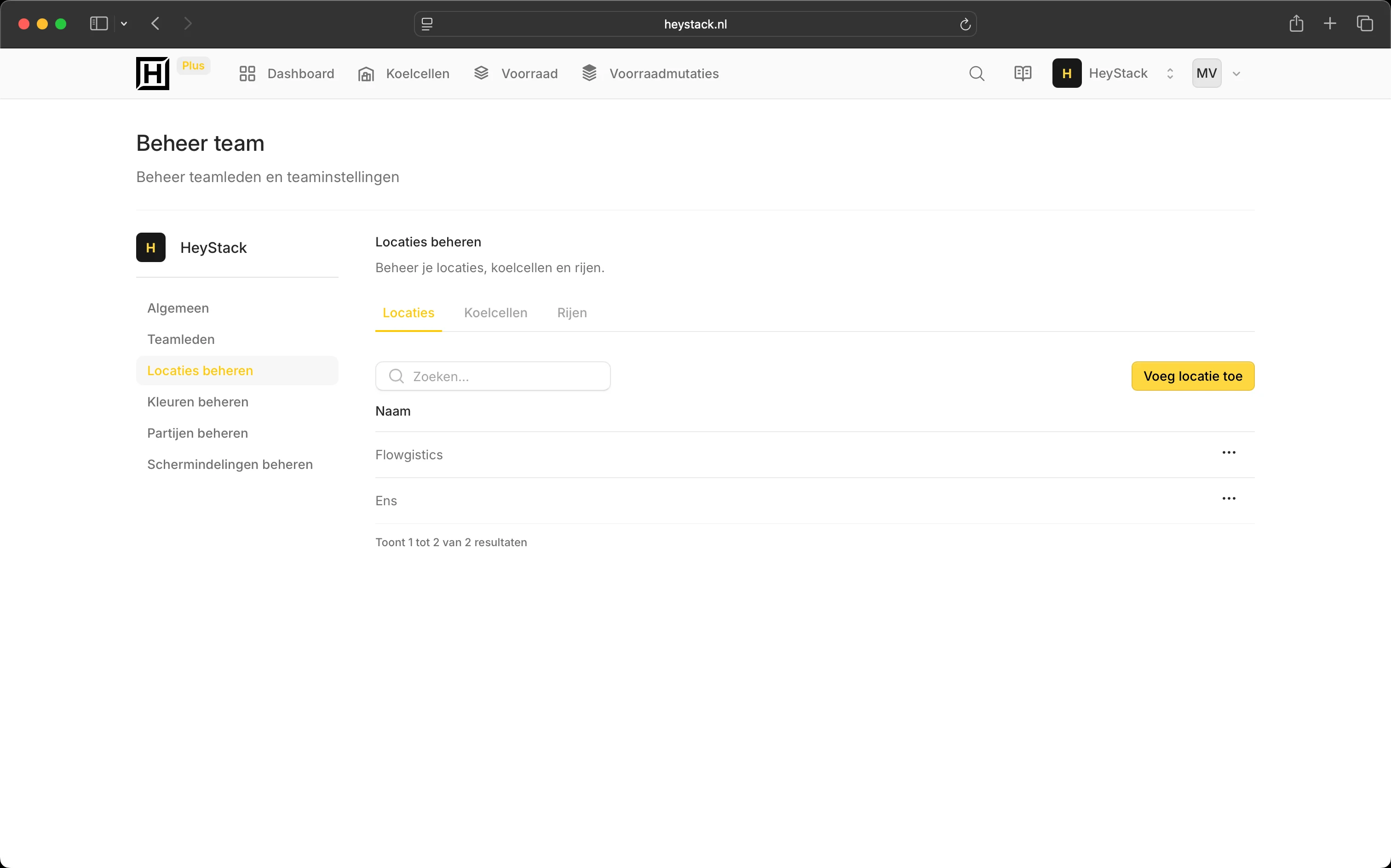 Overzicht van Locaties beheren in het HeyStack webportaal
