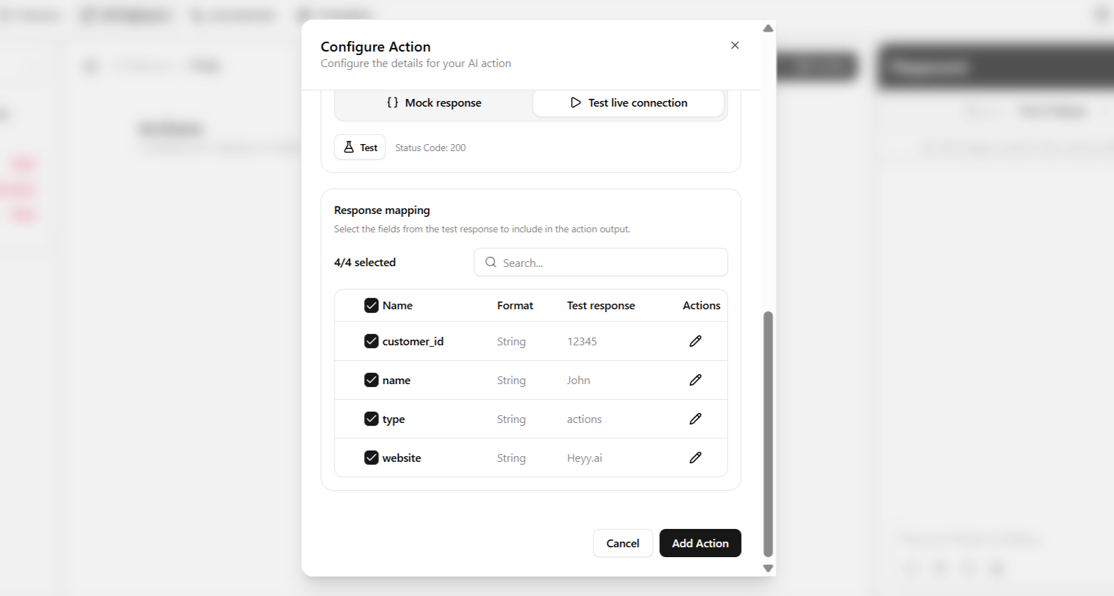 Response mapping table with API response fields selected and renamed for the employee to use