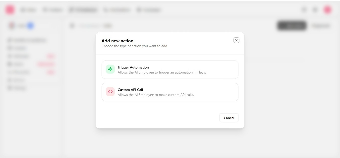 Actions tab listing configured Custom API call and Trigger automation actions