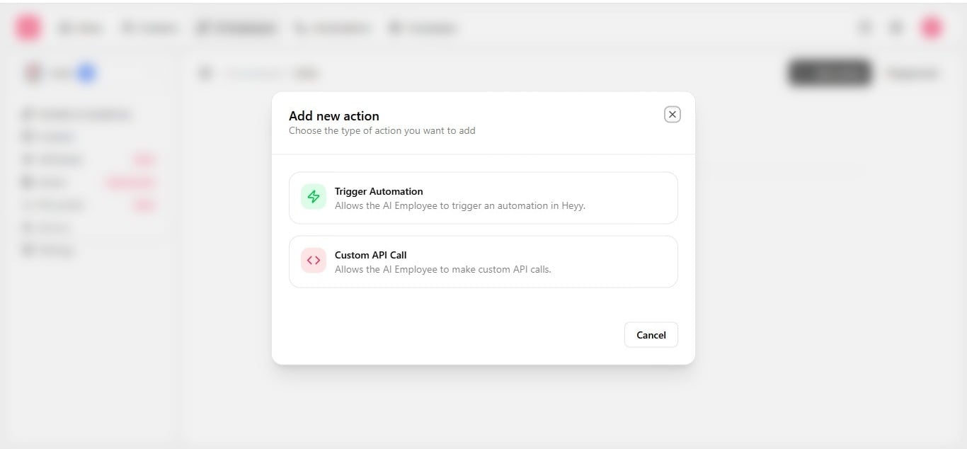 Actions tab listing configured Custom API call and Trigger automation actions