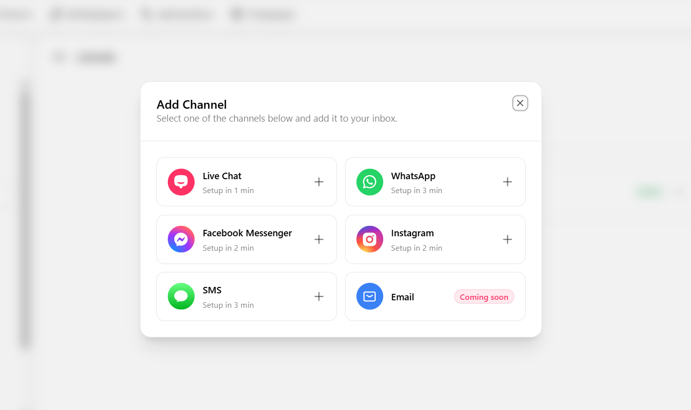 Add Channel dialog listing Live Chat, WhatsApp, Facebook Messenger, Instagram, and SMS