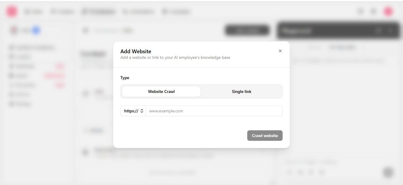 Add Link popup showing Website Crawl vs Single Link