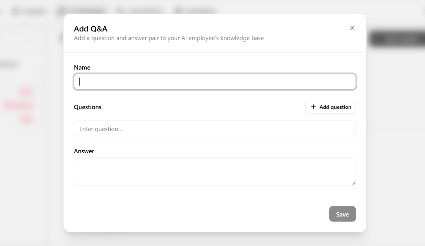 Add Q&A dialog with name, question, and answer fields