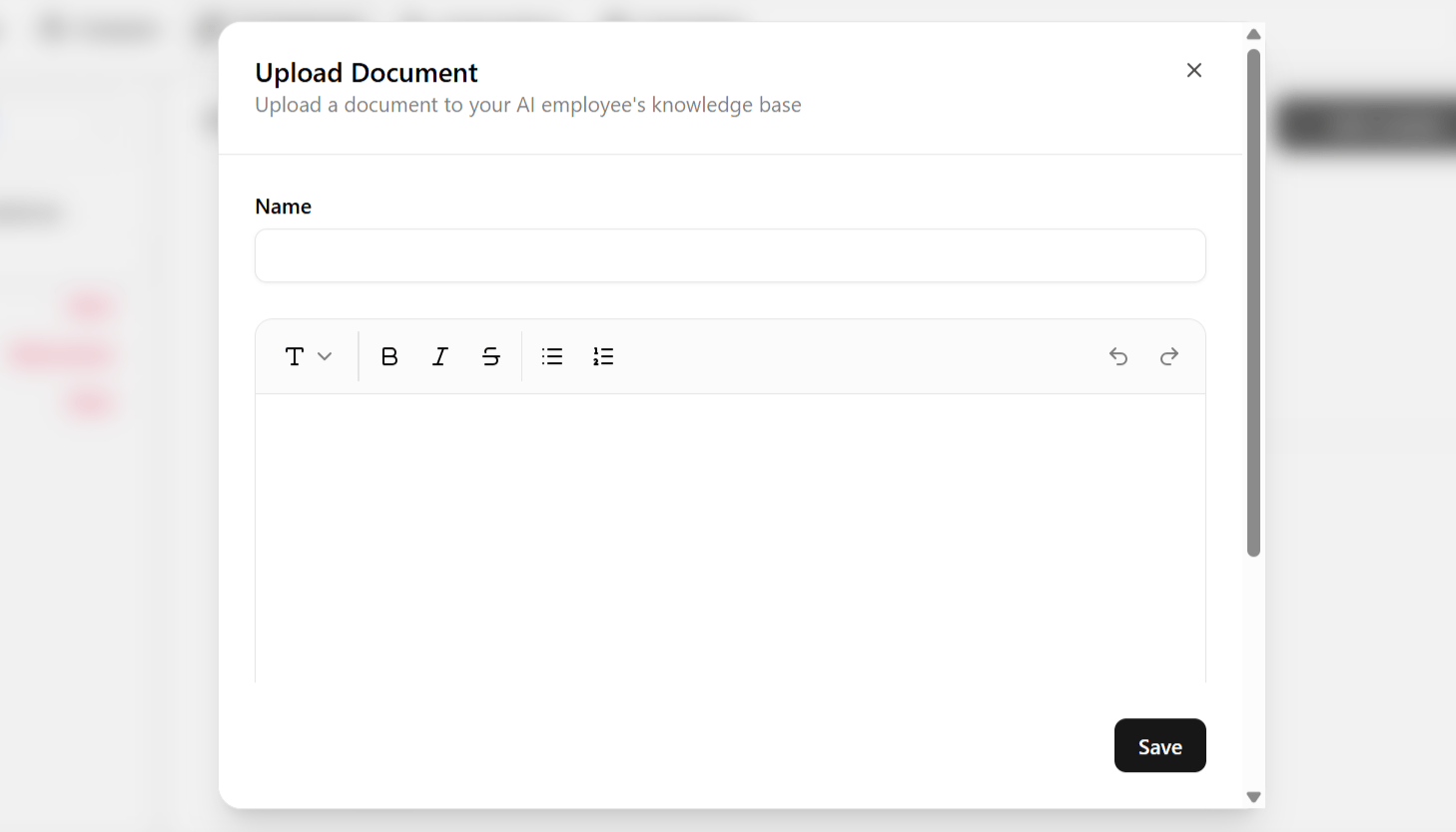Add Text dialog with a name field and rich text editor for the knowledge base entry