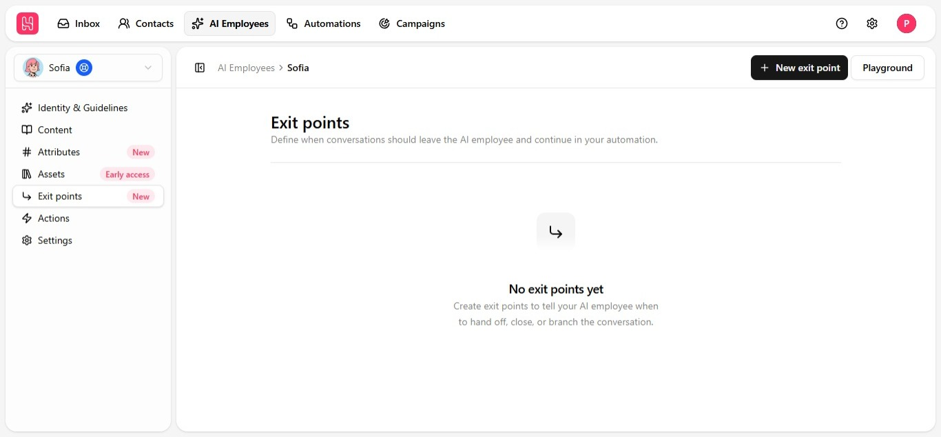 Exit Points tab listing the exit points configured for an AI Employee