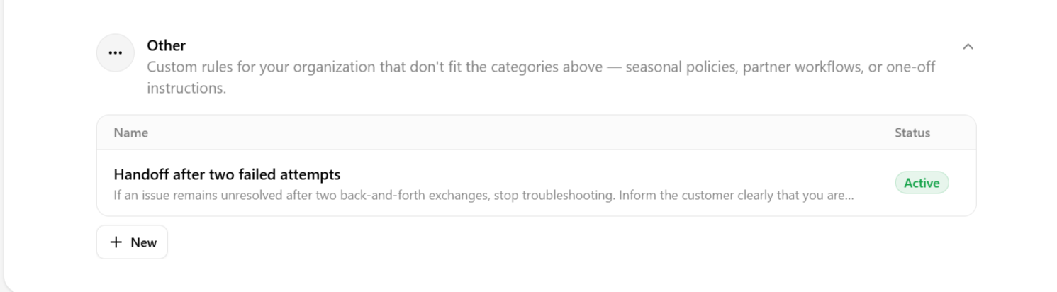 "Other" category showing an example guideline named "Handoff after two failed attempts"