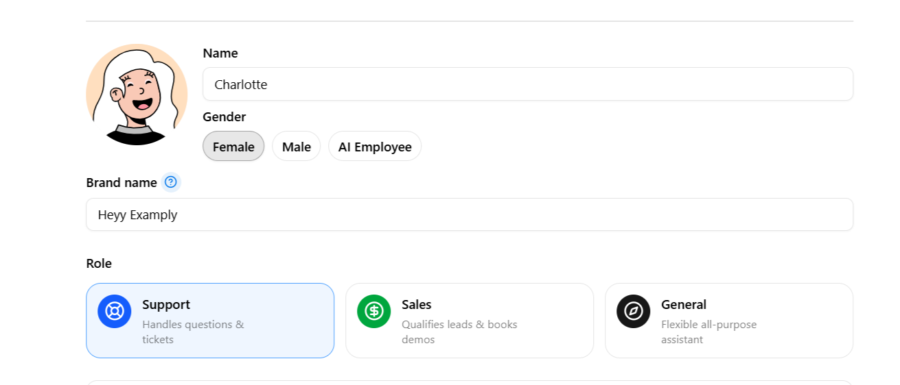 Role selector showing Support, Sales, and General options with short descriptions