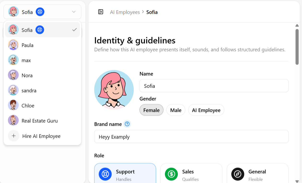 AI Employee selector dropdown listing every employee in the workspace, with Hire AI Employee at the bottom