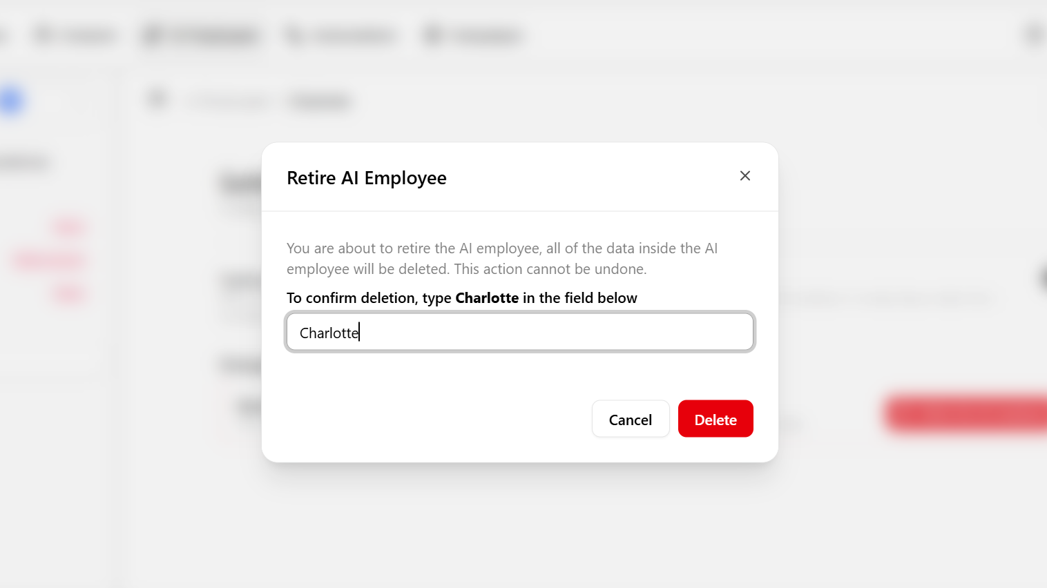 Danger Zone section with the Retire the AI employee button and irreversible-action warning
