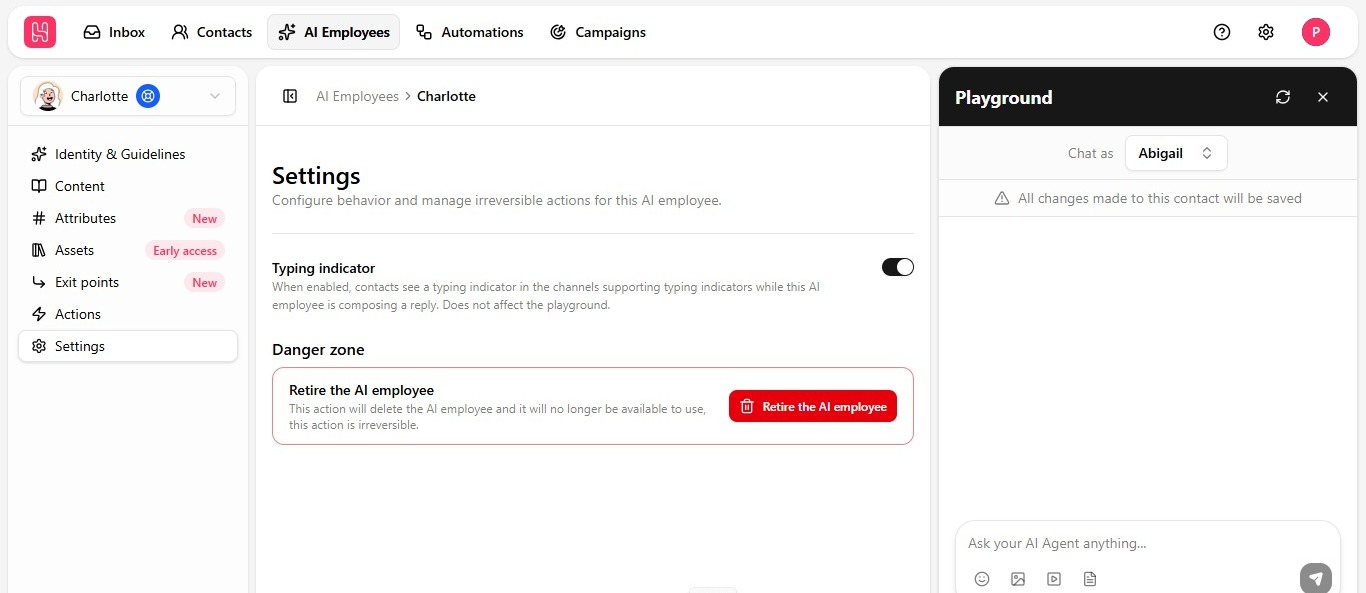 Settings tab showing the Typing indicator toggle and the Danger Zone with Retire the AI employee