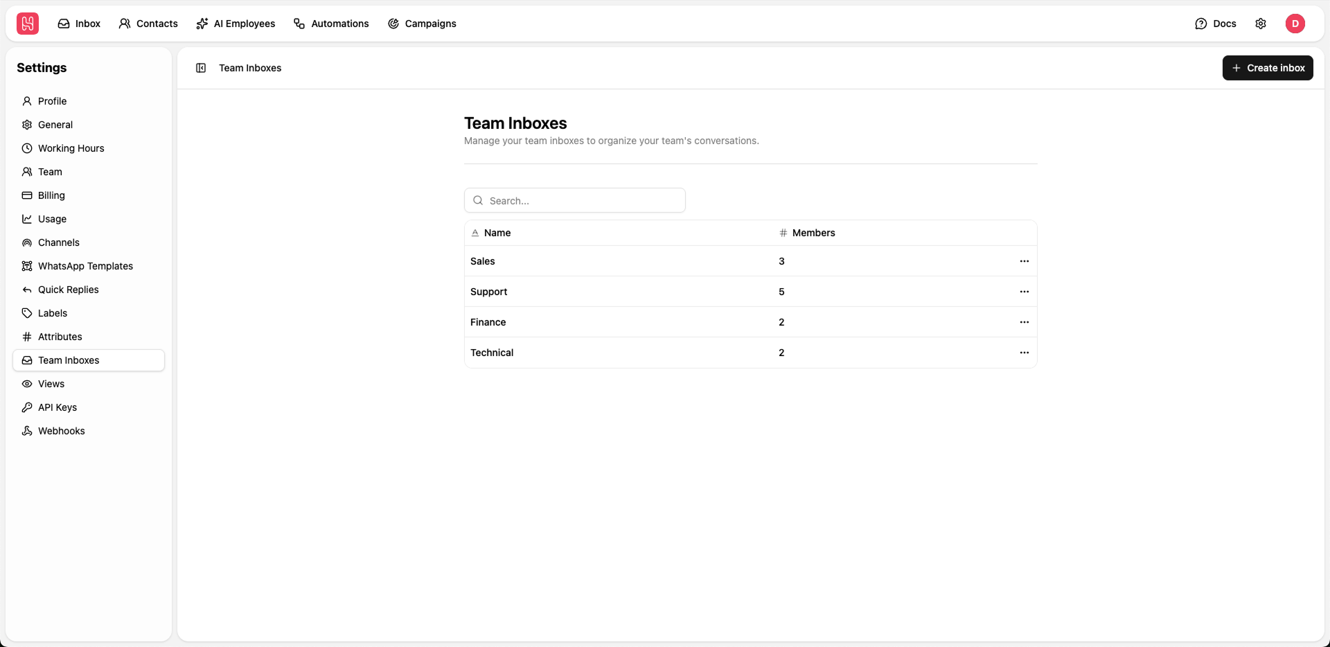 Team Inboxes Settings