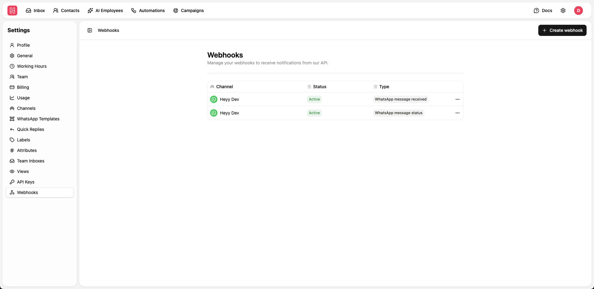 Webhooks Settings