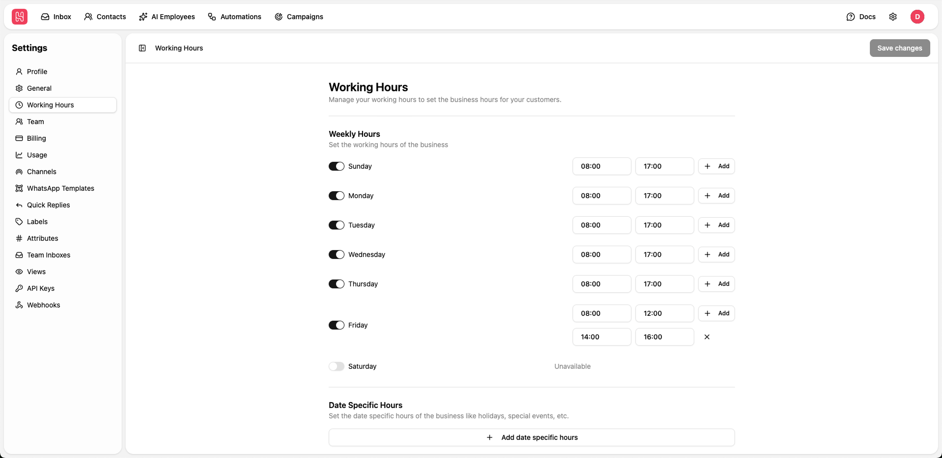 Working Hours Settings