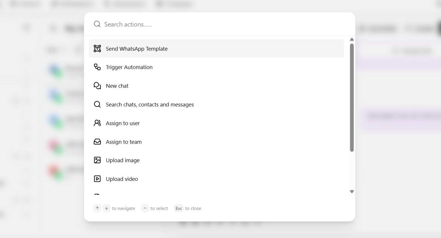 Actions menu open with searchable command list