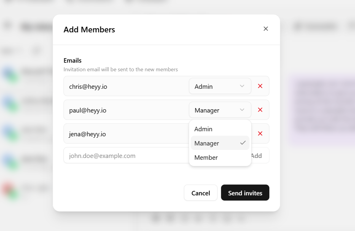 Add user popup with email field