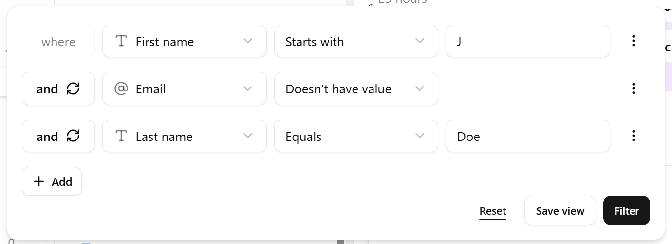 Advanced filter builder with conditions and AND/OR toggle