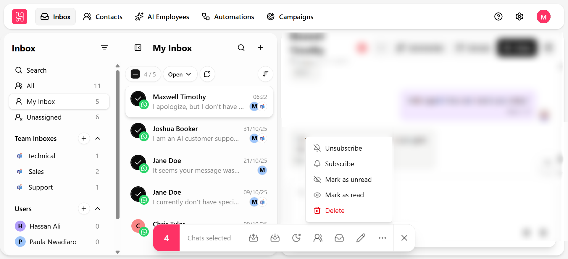 Bulk action bar with multiple conversations selected
