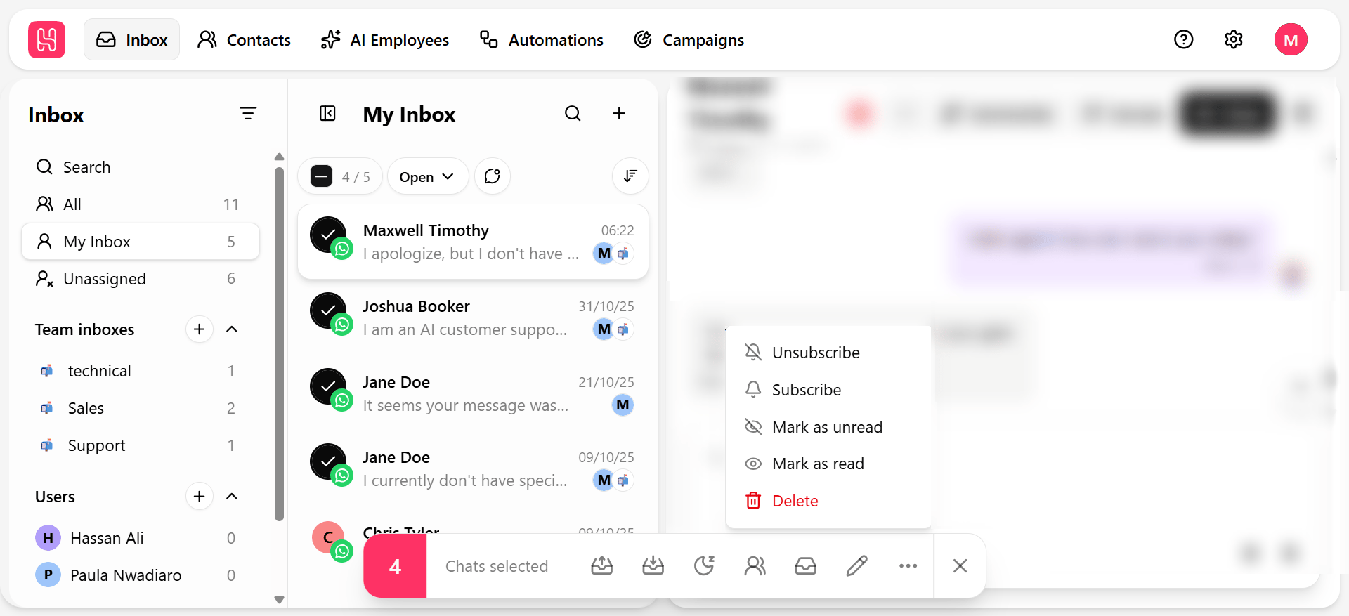 Bulk action bar with multiple conversations selected