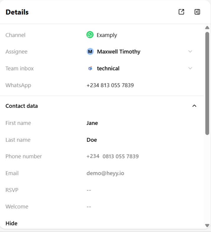 Contact card showing channel, assignee, fields, labels, notes, journeys, and other chats