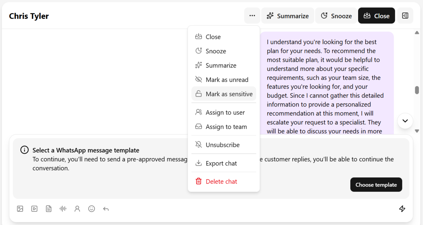 Marking a chat as sensitive from the header menu