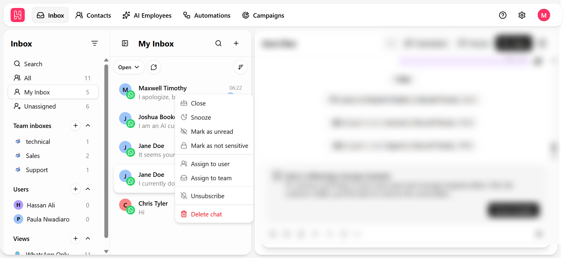 Hovering a conversation row reveals quick action icons