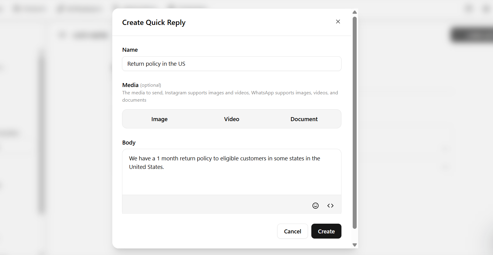 Create quick reply form in Settings