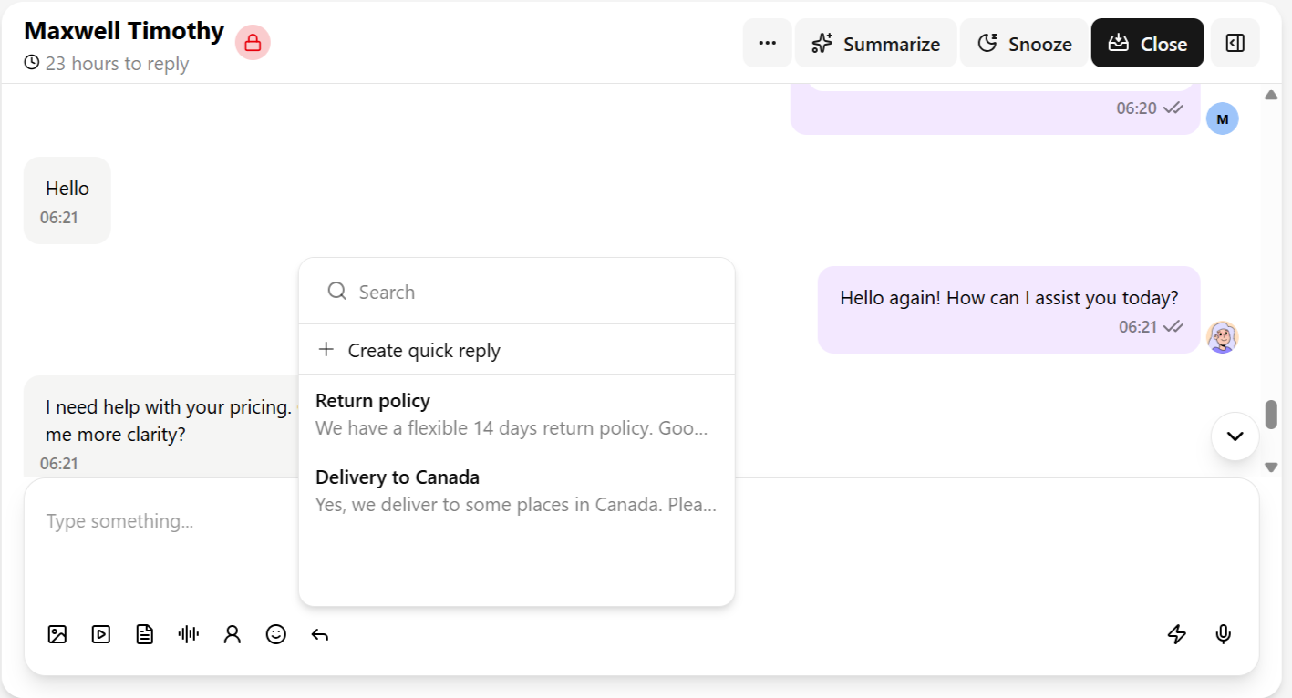 Quick Replies search panel