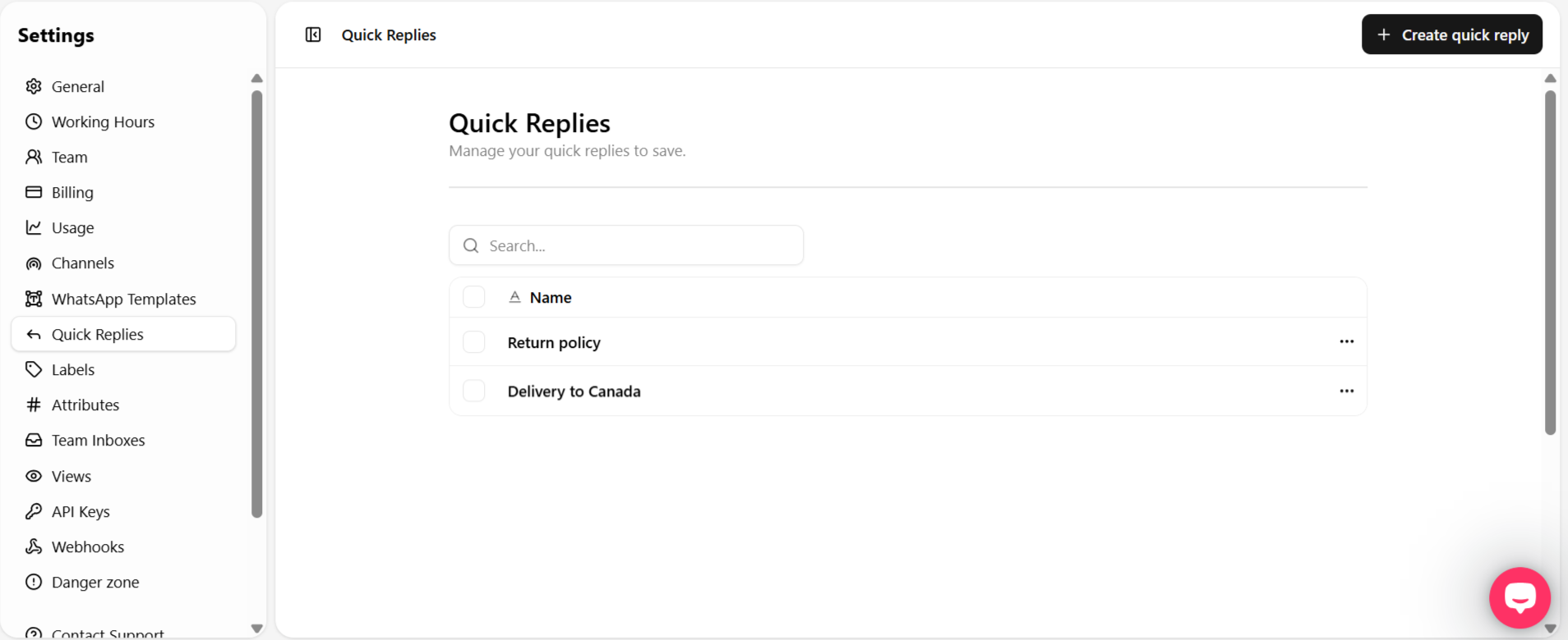 Quick Replies list in Settings with the Create quick reply button