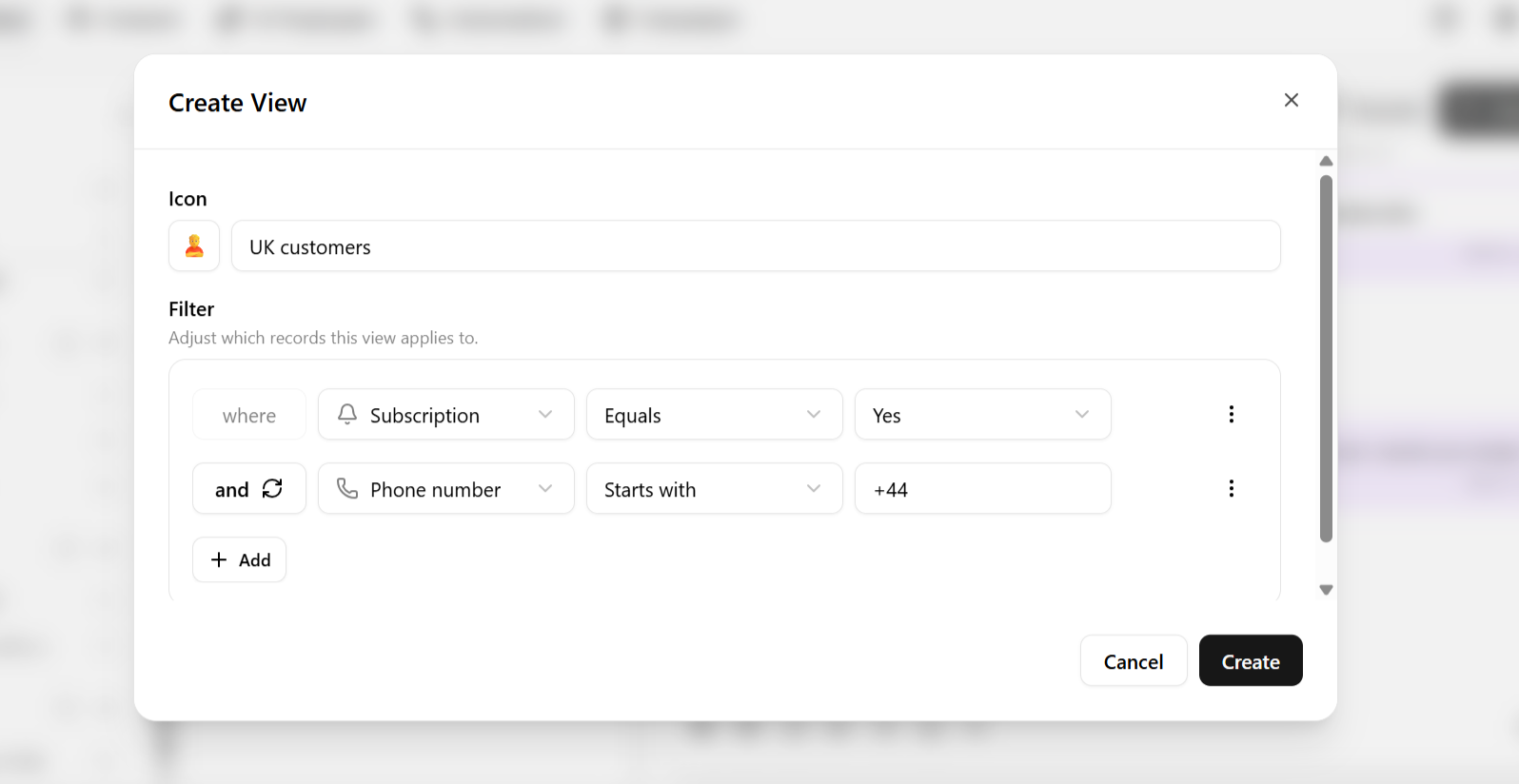 View creation popup with icon, name, and filter builder