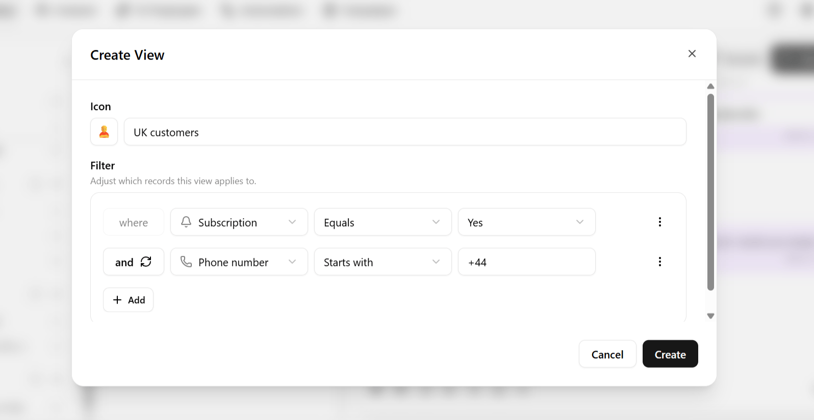 View creation popup with icon, name, and filter builder