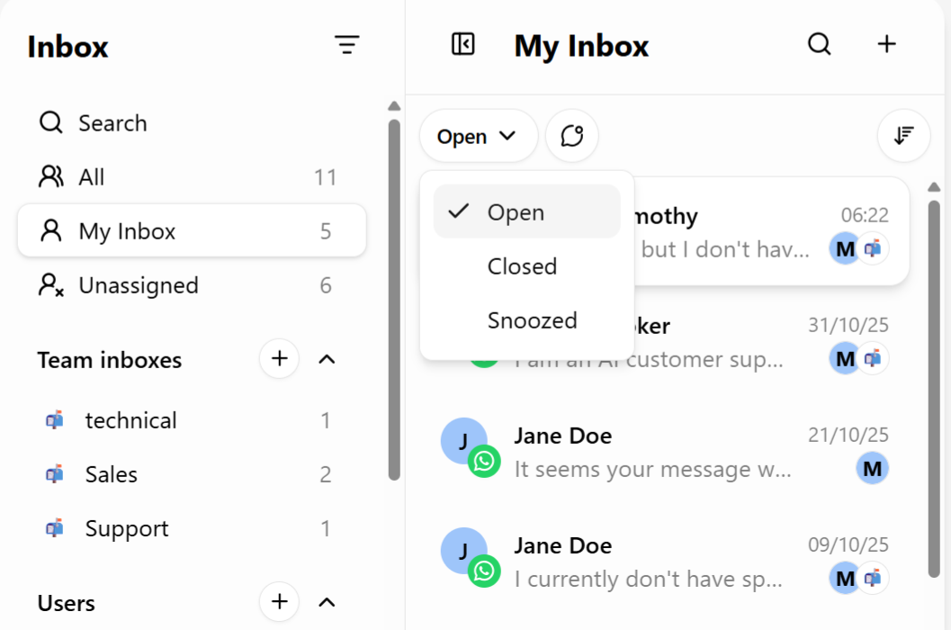 Status filter dropdown showing Open, Closed, Snoozed