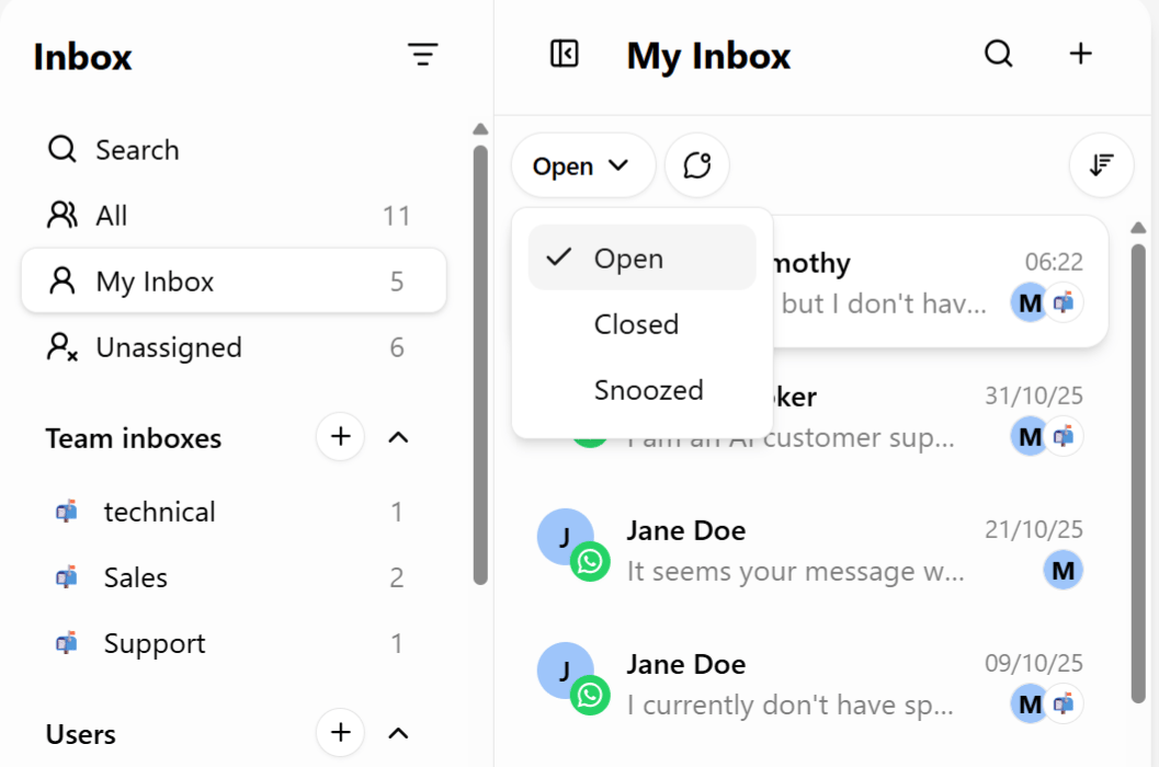 Status filter dropdown showing Open, Closed, Snoozed