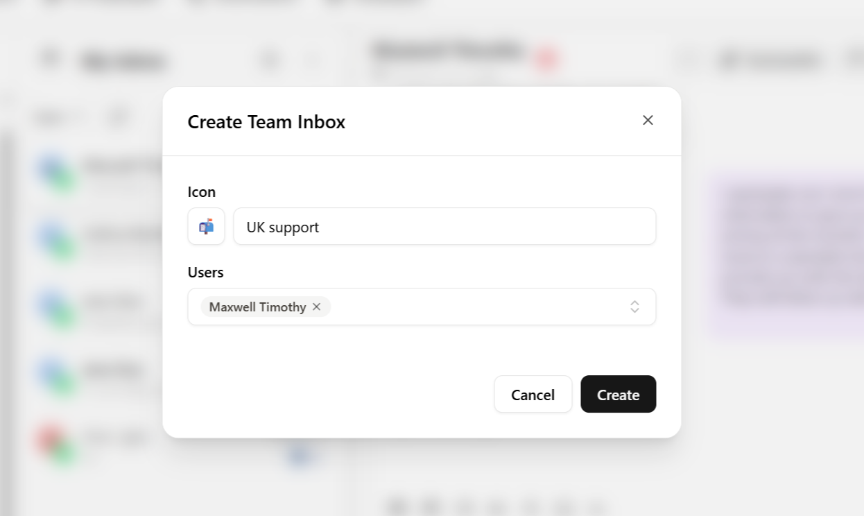 Team inbox creation popup with icon, name, and user picker