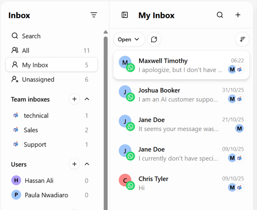 Team Inboxes section in the sidebar showing conversation counts per team