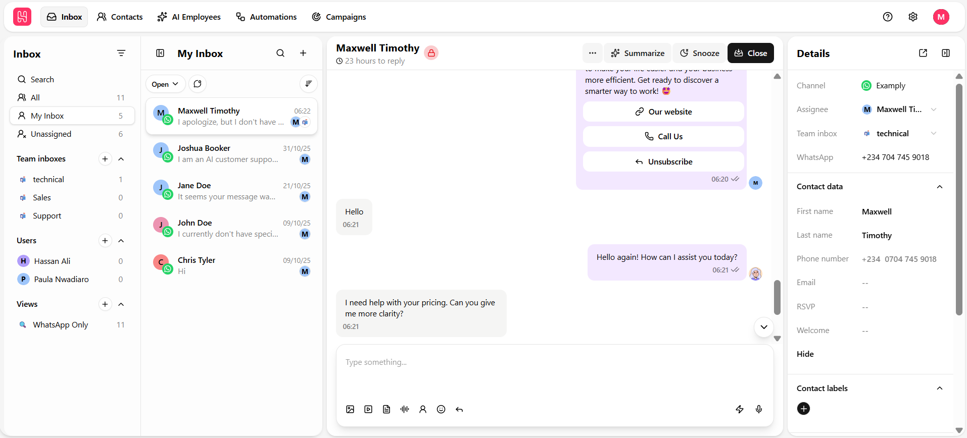 Full Inbox layout: sidebar, conversation list, chat panel, details panel