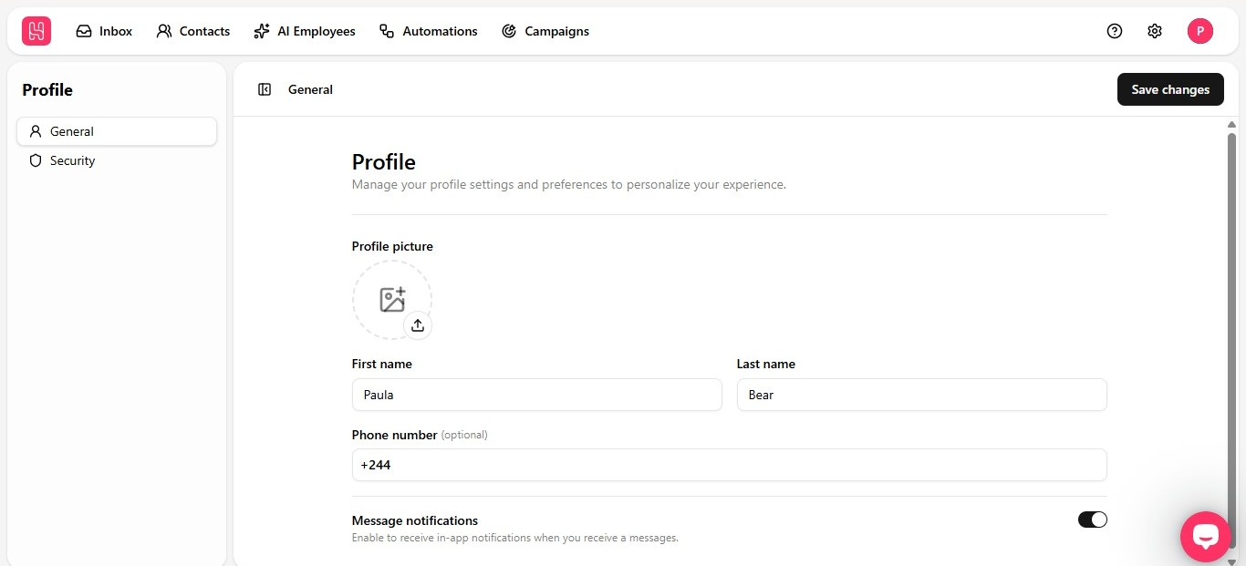 Profile page showing profile picture, name fields, phone number, and message notifications toggle